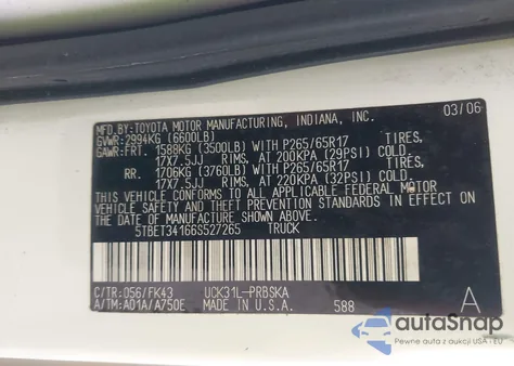 2006 Toyota Tundra Sr5 V8 z USA, uszkodzony, nr VIN 5TBET34166S527265